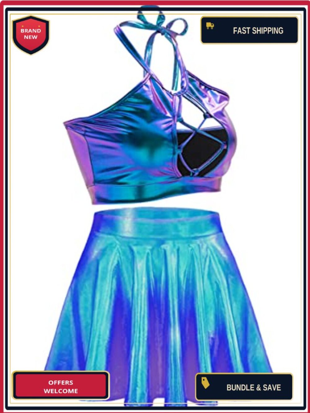 Metallic Rave Outfit Set Faux Leather PU Halter Top Mini Skirt Clubwear